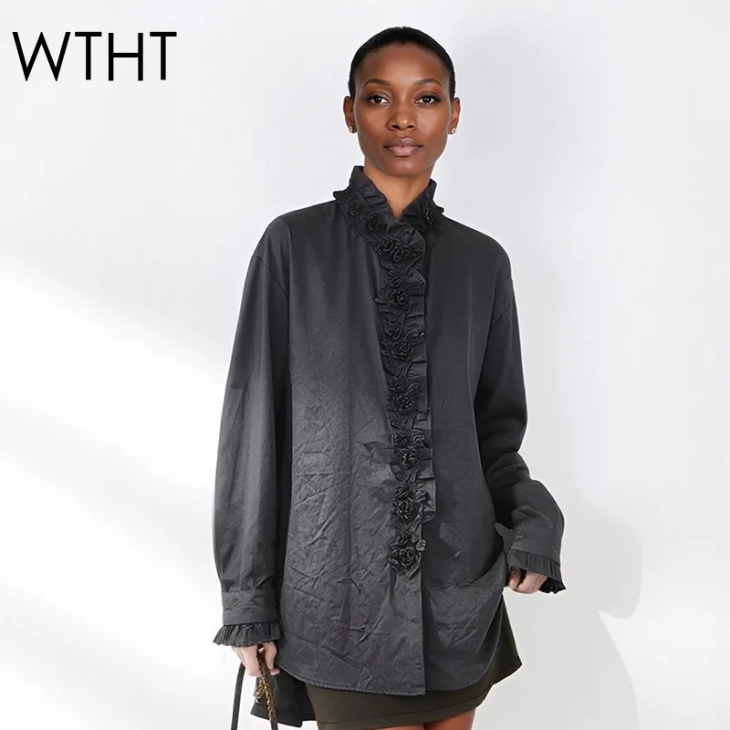 

WTHT Fashion New Women's Spliced 3D Flower Design Loose Shirt 2026 Spring Trendy Stand Collar Long Sleeves Blouse Female 1LS2941