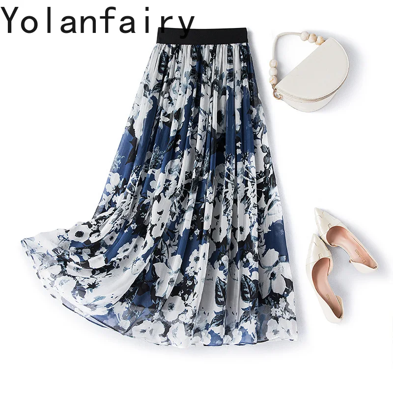 YOLANFAIRY Fashion 100% Real Mulberry Silk Skirts Woman Summer 2026 Elegant Floral Skirt Elastic Waist Slim Skirts Long Faldas