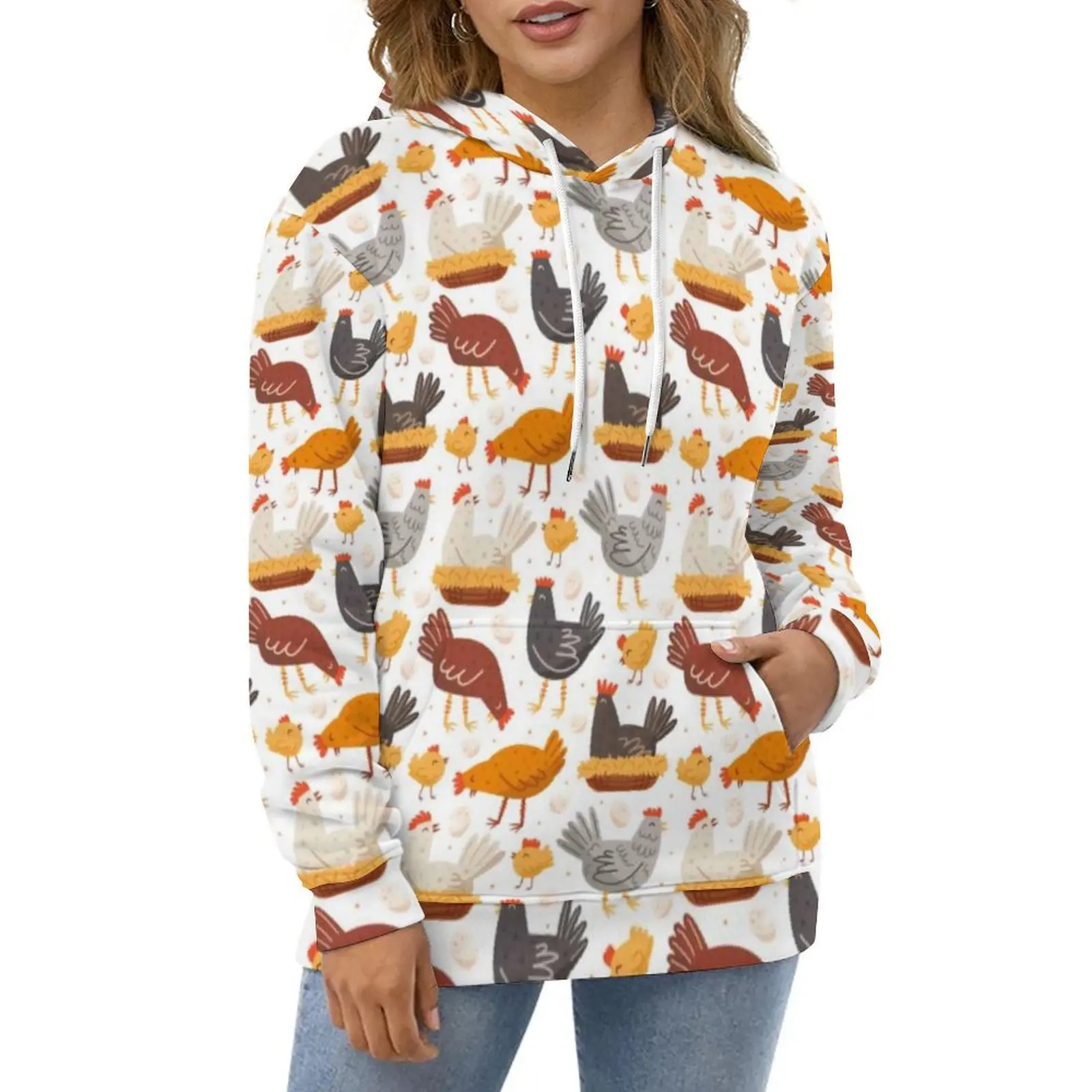 Funny Chicken Print Casual Hoodies Easter Egg Pattern Y2k Graphic Loose Hoodie Winter Long Sleeve Fashion Oversize Sweatshirts