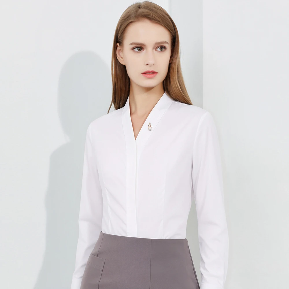 Women's Non-iron Smooth Slight Strech Fly Front Placket Shirt Long Sleeve White Office Lady Detachable Brooch V-Neck Shirts