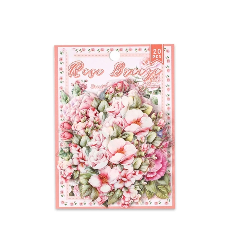 W89C 20Pcs Flower Sticker Water Resistant PET Decorative Sticker for Scrapbooking Notebook Journal Water Bottle Laptop
