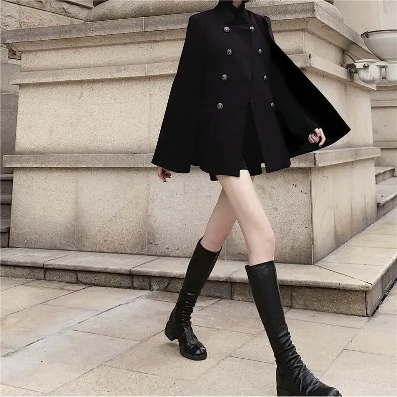 Winter new black cape coat can be used with loose stand collar medium long woolen coat for women