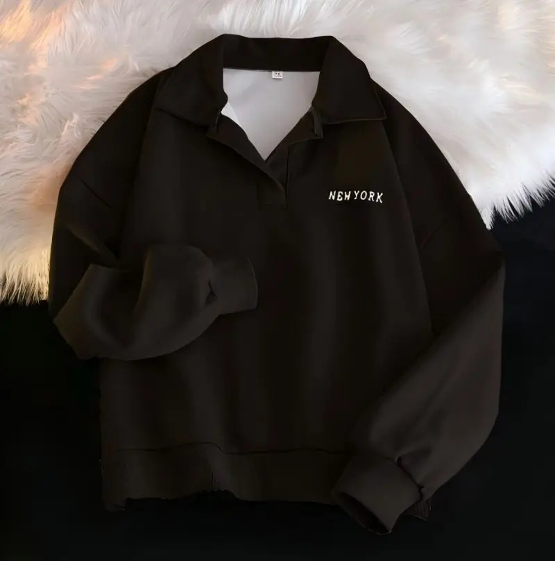 CGC Vintage Polo Collar Sweatshirts Spring Autumn Harajuku Hoodies Long Sleeve Loose Pullovers Casual Solid Female Top Clothing