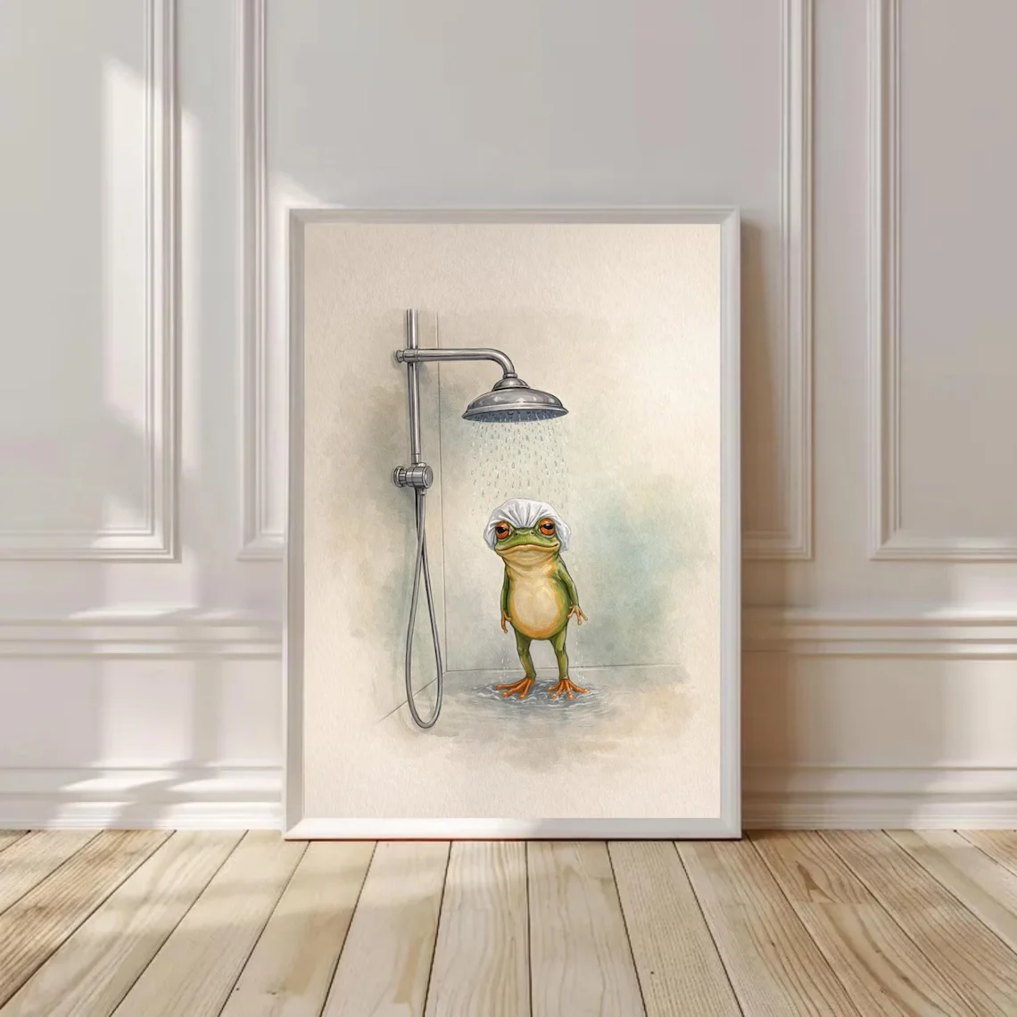 Art mural amusant pour salle de bain avec motif grenouille - Impression aquarelle délicatement fantaisiste célébrant le charme de l'heure du bain en toute simplicité