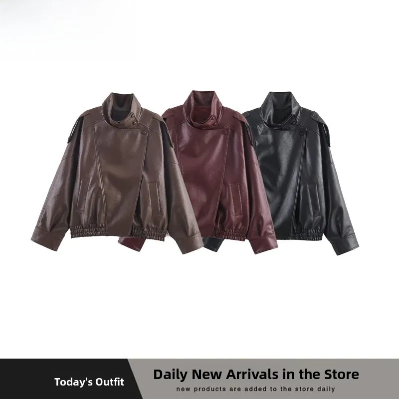 Faionable ZR Sle Leder Jaet Damen Ort Mantel Herbst Winter Streetwear Lange Sve Stehkragen Warme Oberbekleidung