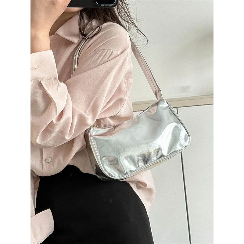 Ladies retro waterproof shoulder bags lacquer leather chic handbag vintage Y2K solid underarm bags women\'s Pu luxury armpit bags