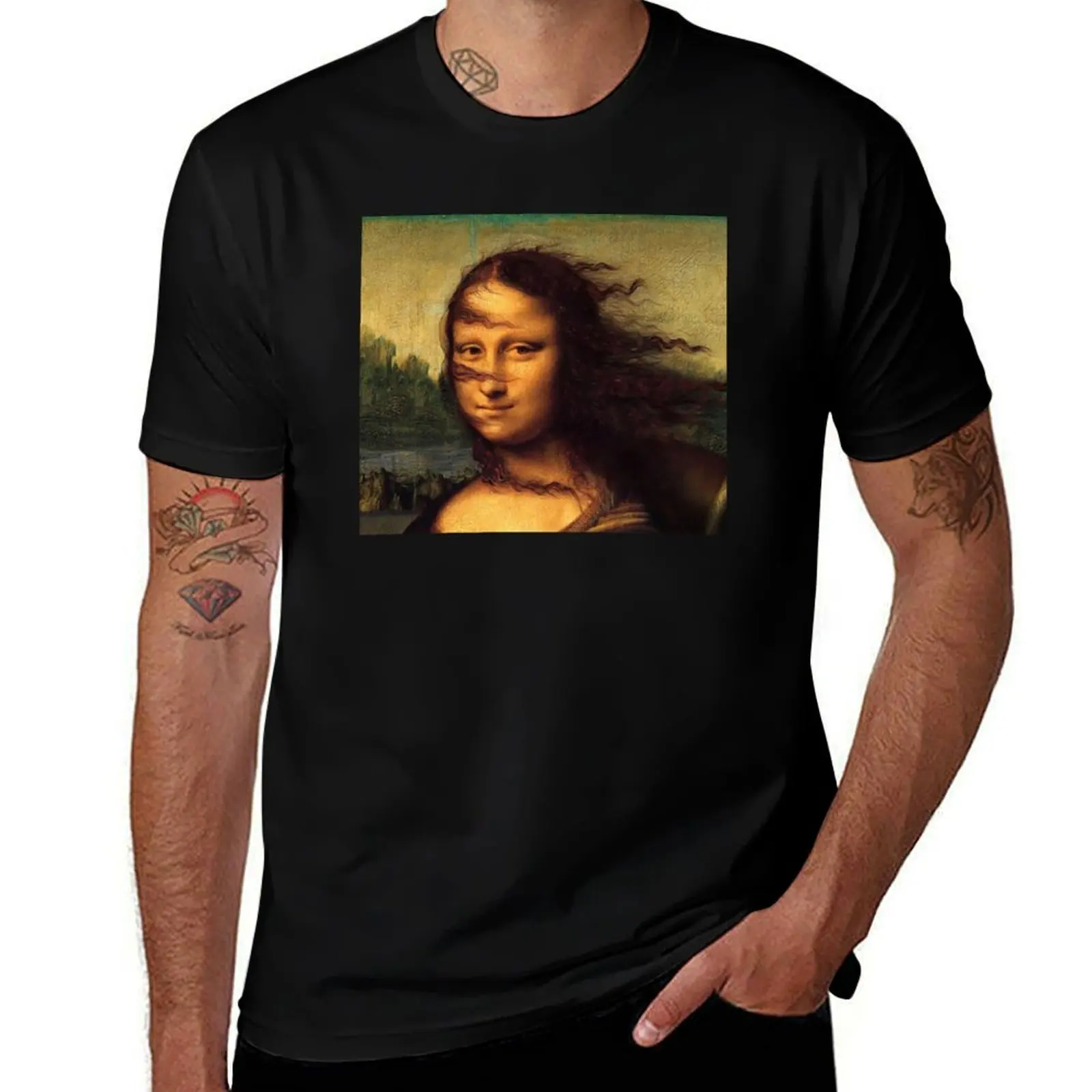 Funny Mona Lisa wind in hair T-Shirt Breathable Workout Short Sleeve Top T-Shirt