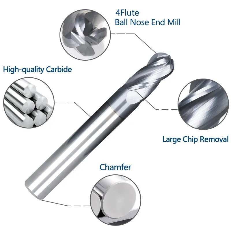 HAMPTON 4 Flute Ball Nose End Mill 4 Teeth Solid Carbide Milling Cutter CNC Finishing Machining R0.5-R8 Metal Cutting Tool