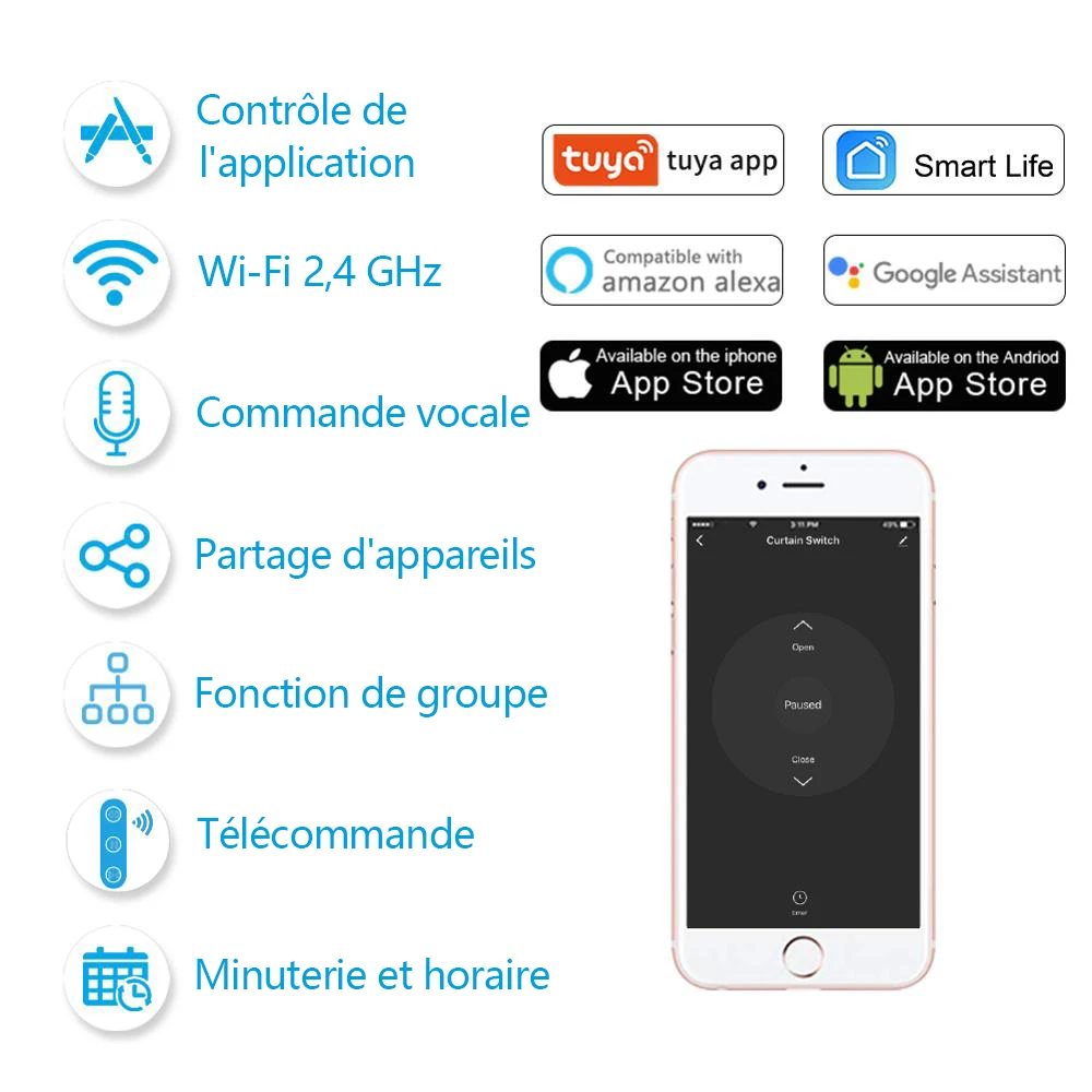 Tuya-Joli de rideau intelligent, télécommande, moteur de volet roulant, RF + WiFi App, minuterie Google Home, Alexa Echo Smart Home