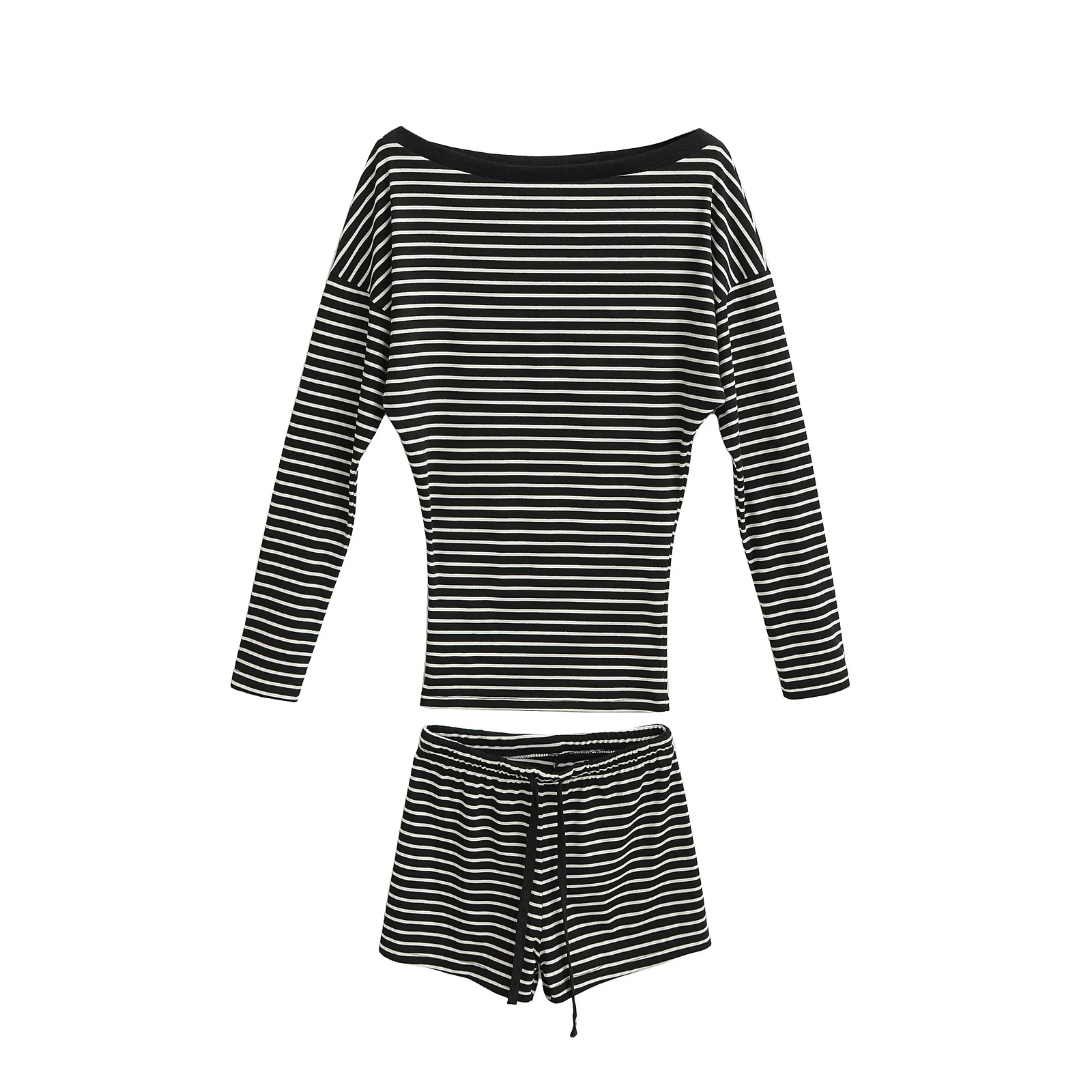 Korean-style black and white striped off-shoulder T-shirt for women  summer new casual shorts home leisure two-piece set   PS
