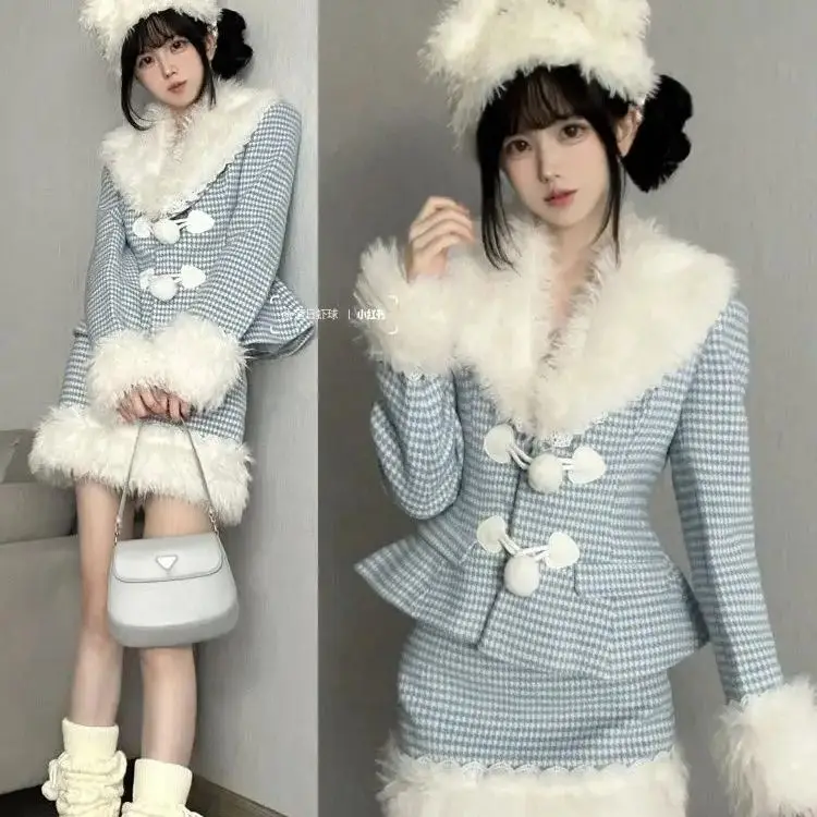 Autumn winter skirt suit elegant high-end style waist-cinching fur collar small fragrant jacket hip-covering plaid chic