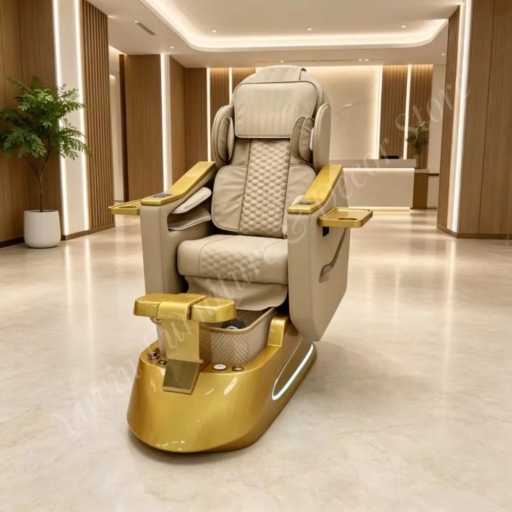 Luxury Pedicure Chair with Built-in Foot Spa Basin Airbag Massage LED Light Reclining Gold Trim Tan Leather Salon Spa Wholesale