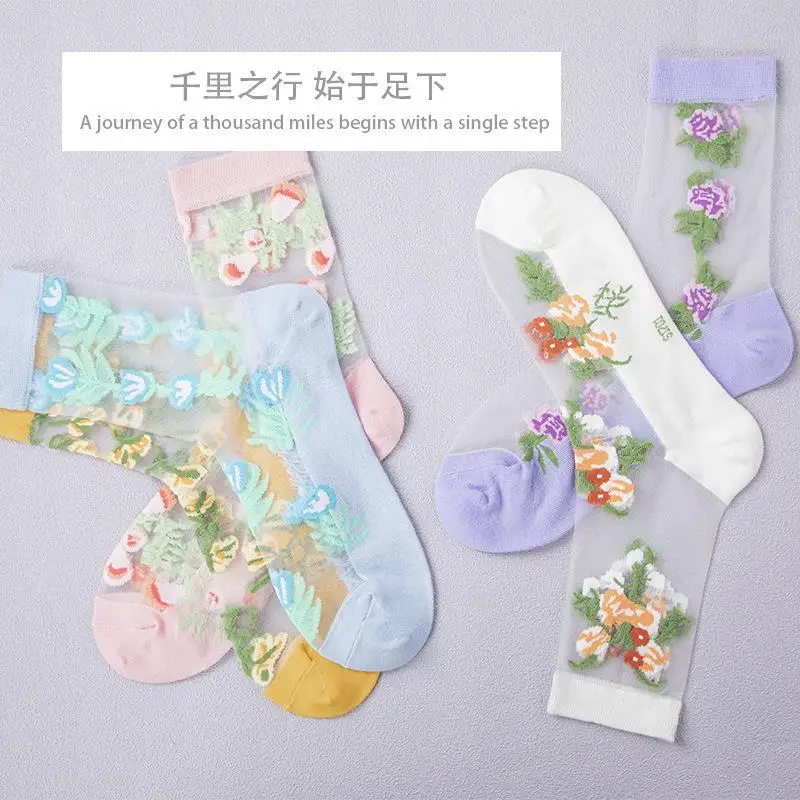 Summer Thin Tall Tube Ethnic Style Crystal Silk Pattern Fashion Japanese Korean Cotton Bottom Non-silk Women's Stockings
