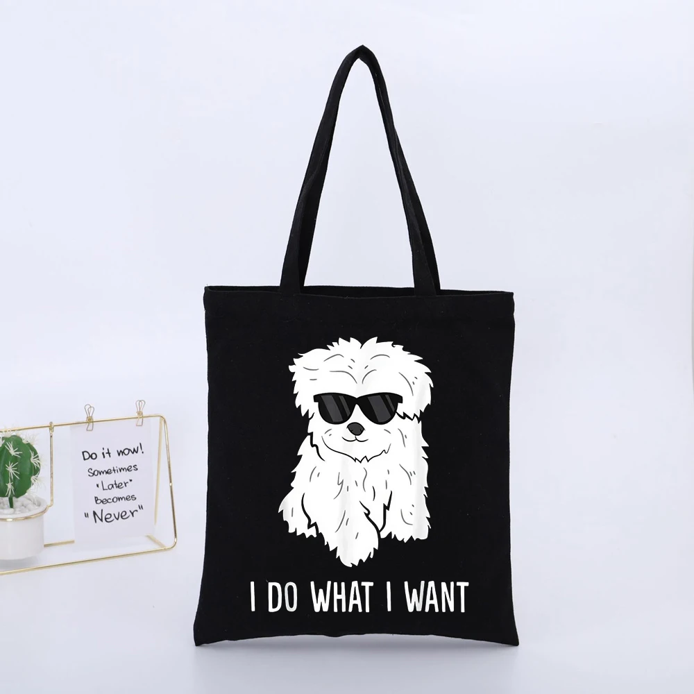 Fluffy Dog with Sunglasses Graphic Black Canvas Tote Bag, Casual Style for Daily Shopping