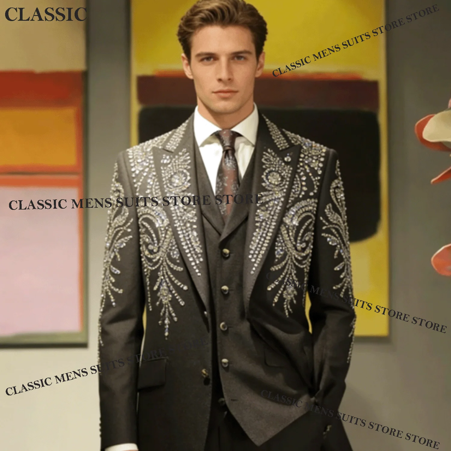

Customized Handsome Sequin Men Suits Luxury Rhinestone Crystal Wedding Tuxedos Slim Ropa hombre 3 Pieces Sets Groom Male Blazers