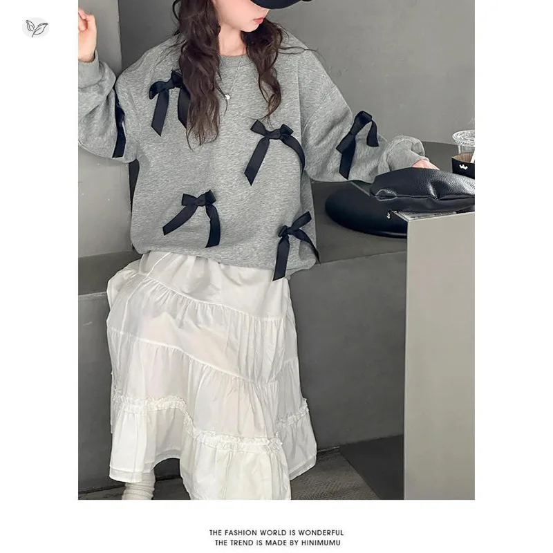 

Girls Autumn Sweatshirt 2025 New Korean Fashion Casual Daily Bowknot Long Sleeve O-Neck Top Kids All-match Pullover