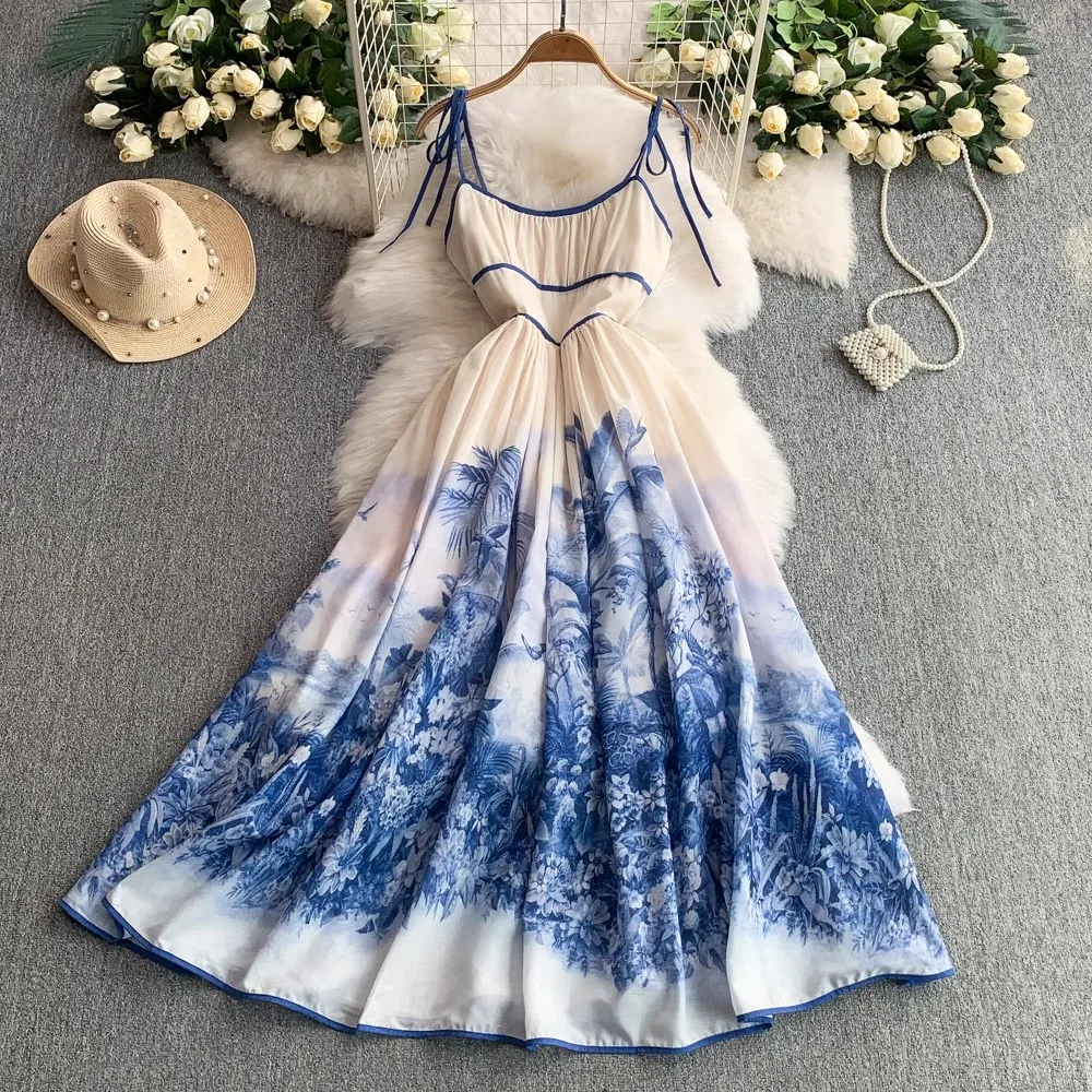 Robe élégante à imprimé Floral bleu pour femmes, à bretelles, sans manches, vêtements de fête de vacances, Streetwear, moulante, été
