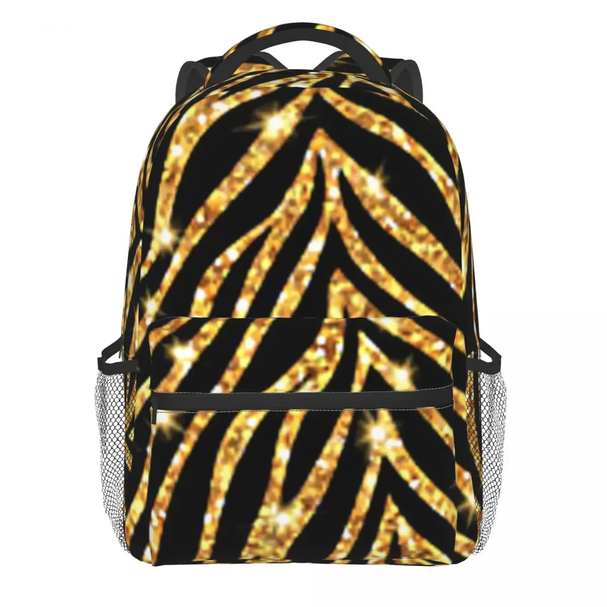 

Black And Gold Zebra Backpack Shiny Wild Animals Print Kawaii Backpacks Men Travel Lightweight High School Bags Custom Rucksack