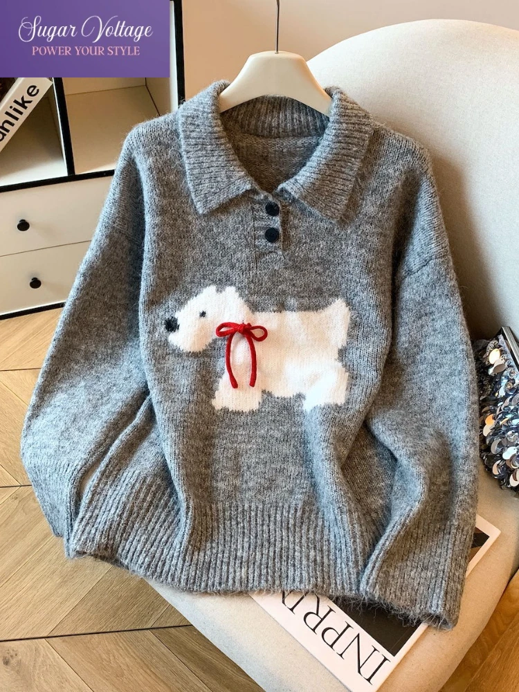 

Vintage Harajuku Y2k Cute Puppy Fashion Knit Soft Sweater Women Loose Fit Long Sleeve Polo Collar Tops Casual Elegant Pullovers