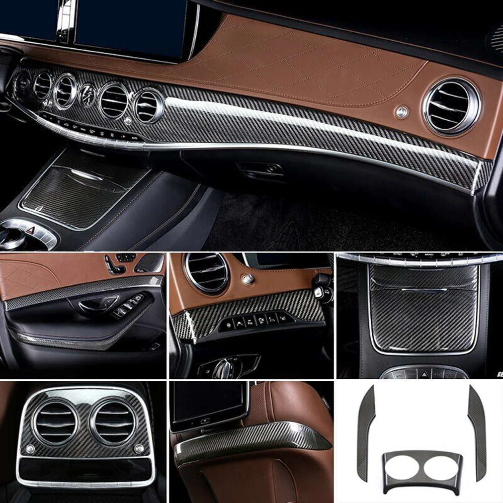 18pcs Dry Carbon Fiber Interior Trims Dash Cover Center Console Cover Door Trims for Mercedes S65 W222 2014-2020