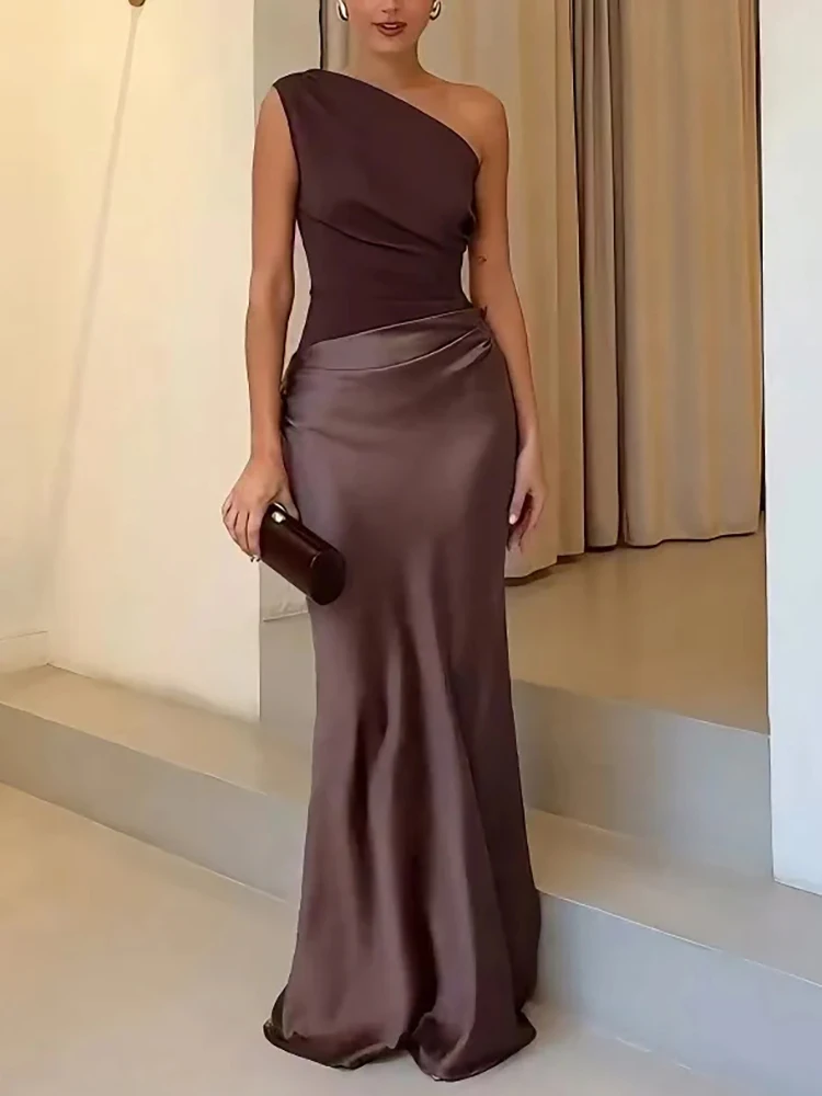 Robe longue sexy Mozision en satin à épaules dénudées pour femme, style patchwork, sans manches, dos nu, moulante, pour soirée et club
