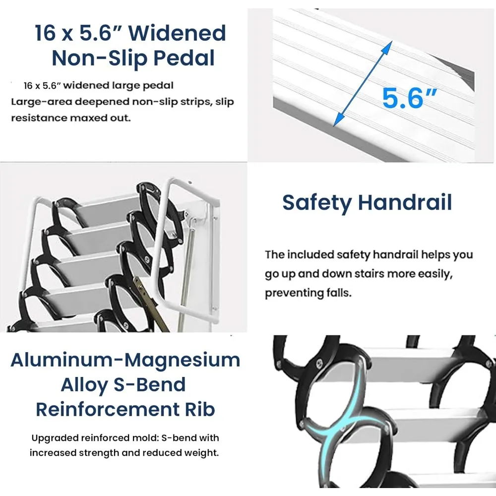 Escalera tipo loft extraíble para ático de aleación Al-Mg - Sistema extraíble de escalera para ático montada en la pared de 12 escalones - Capacidad de 1102 LBS