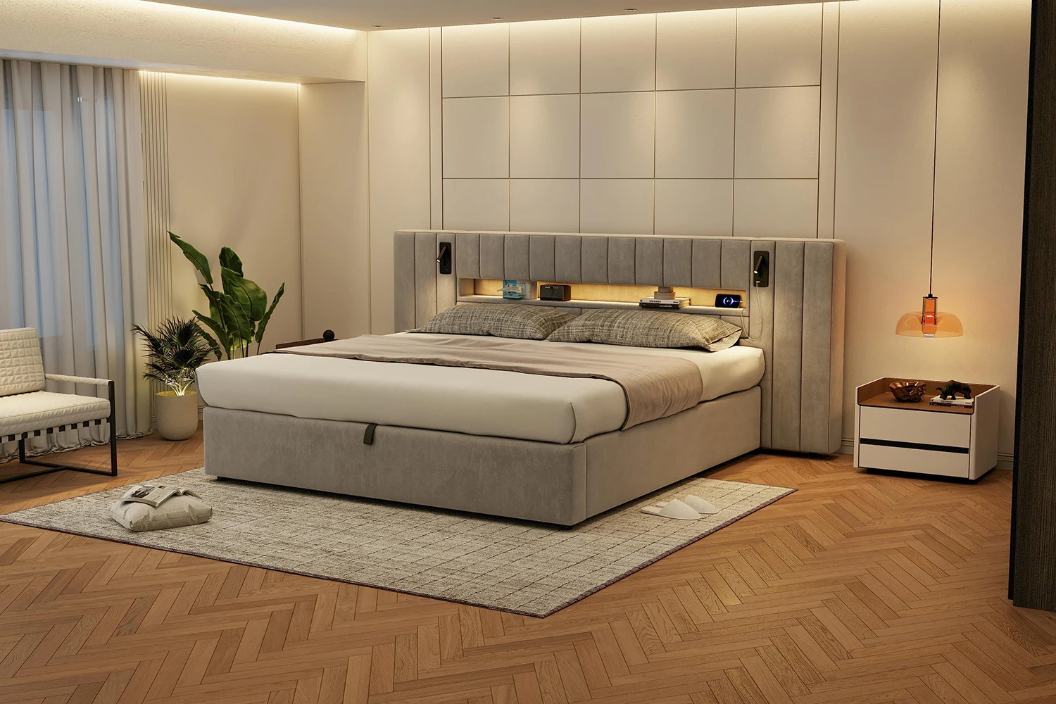 هيكل سرير 180 × 200 سم، مع واجهة USB، سرير مرتبة ناعمة، سرير مزدوج، سرير غرفة تخزين، سرير عملي، مع إضاءة LED، مصباح بجانب السرير في غرفة التخزين، بدون مرتبة، مخمل، رمادي