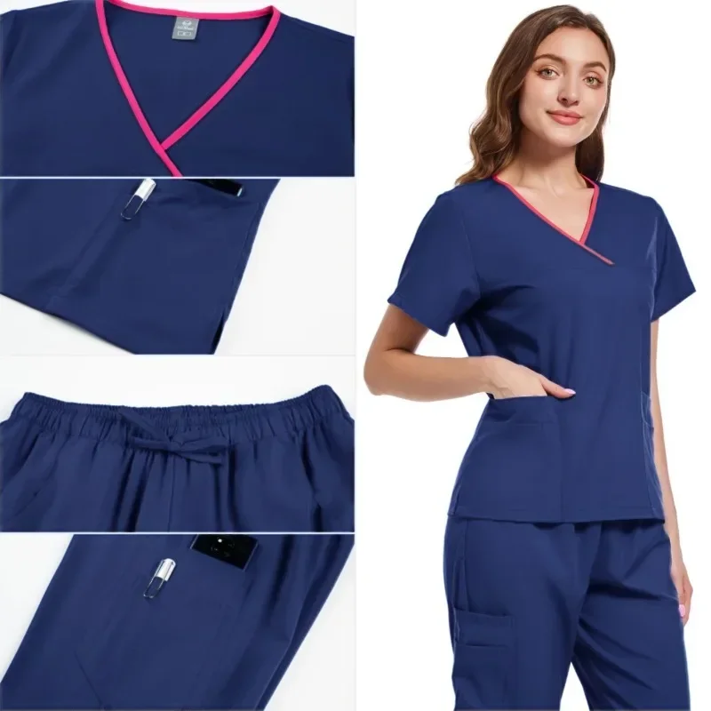 Women Medical Uniforms Elastic Scrubs Sets Hospital Surgical Gowns Short Sleeve Tops Pant Nursing Accessories Doctors Clothes