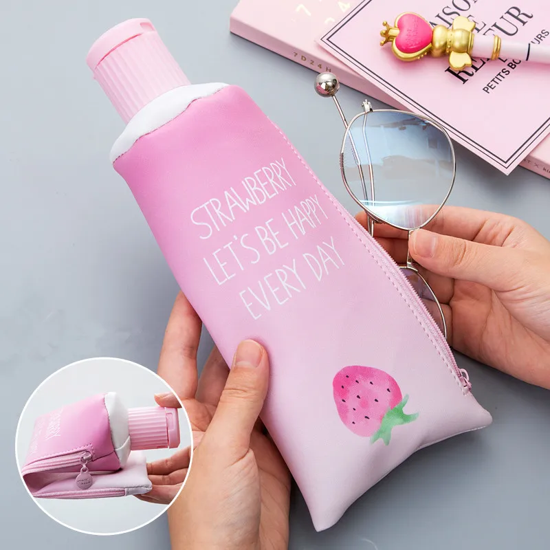 1PC Strawberry Toothpaste PU Pencil Case with Pencil Sharpener Kawaii Stationery Storage Pen Bag for Girl Students Gifts