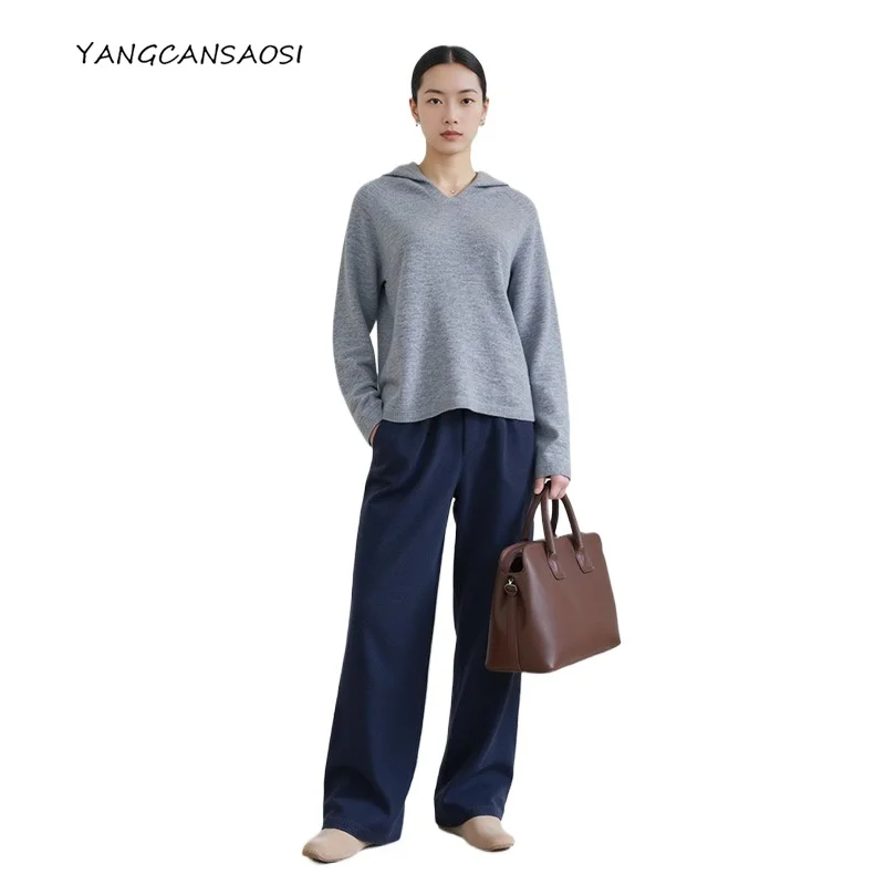 

2025 Women's Autumn New Seamless One Piece Hoodie 100% Wool Warm Loose Long Sleeve Solid Color Knitted Bottoming Sweater