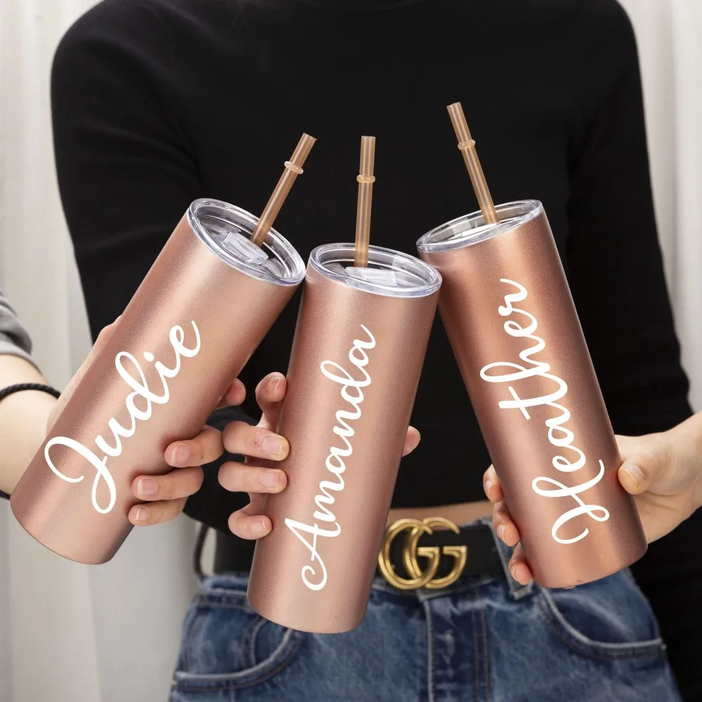 

Personalized 20 Oz Skinny Tumbler with Thermos Cup Lid Straw Name Water Bottle Vacuum or Travel Car Bridesmaid Party Coffee Mug