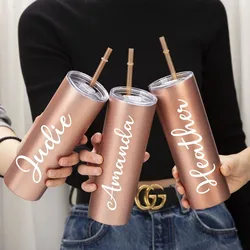 Personalized 20 Oz Skinny Tumbler with Thermos Cup Lid Straw Name Water Bottle Vacuum or Travel Car Bridesmaid Party Coffee Mug