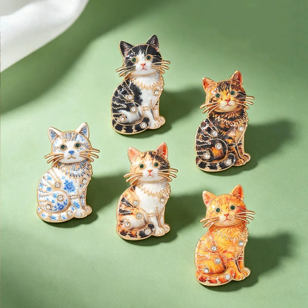 Adorable Kitty Cat Brooches For Women Unisex 5-color Rhinestone Sitting Kitten Pets Animal Office Casual Brooch Pin