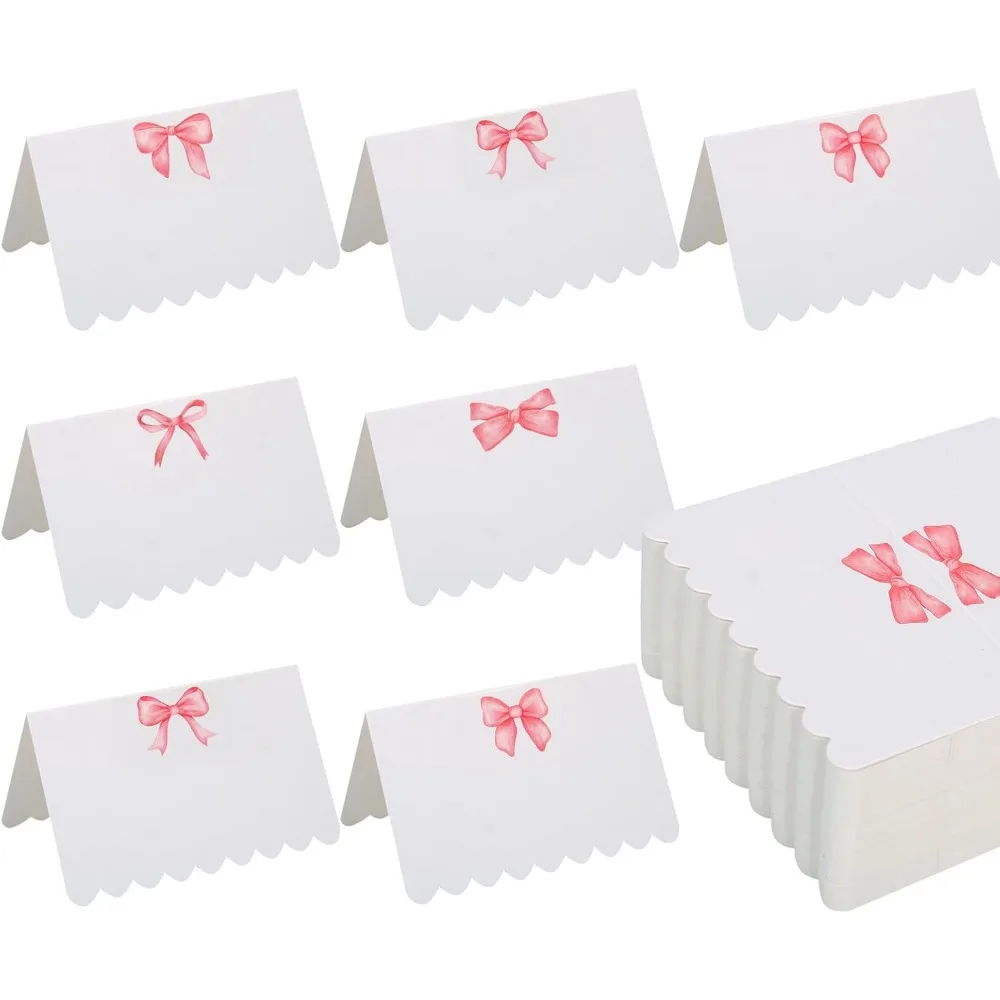 

100Pcs Pink Bow Place Cards, 2.54 x4 Inch Cute Bow Knot Tent Name Cards 5 Designs Blank Seat Assignment Label Cards for Birthday