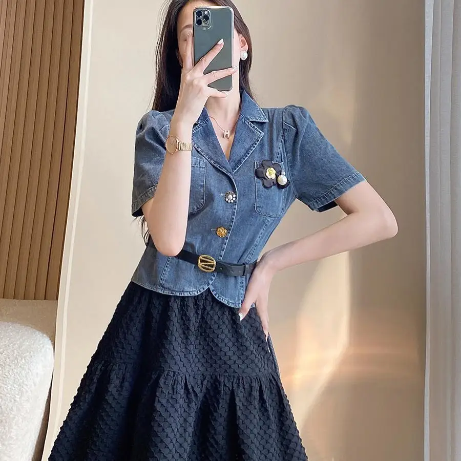 In the Summer of 2023, the Whole Set Will Match with Women's Fashion Two-piece New Denim Top A-line Skirt Casual Suit