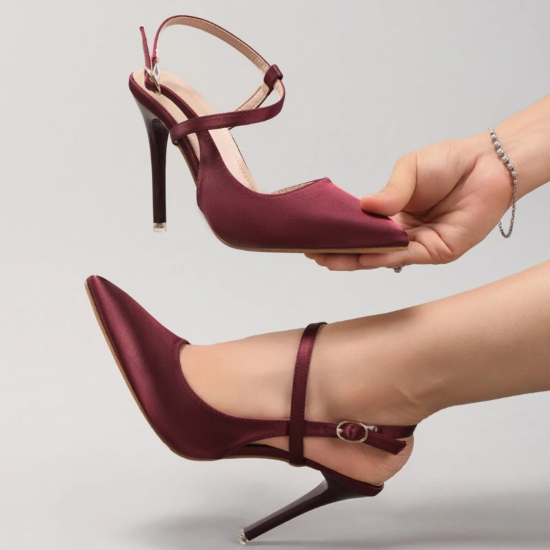 

Luxury Satin Designer Women Pumps Sexy Pointed Toe Ankle Strap Backless Heeled Sandals Elegant Evening Dress Heels For Ladies