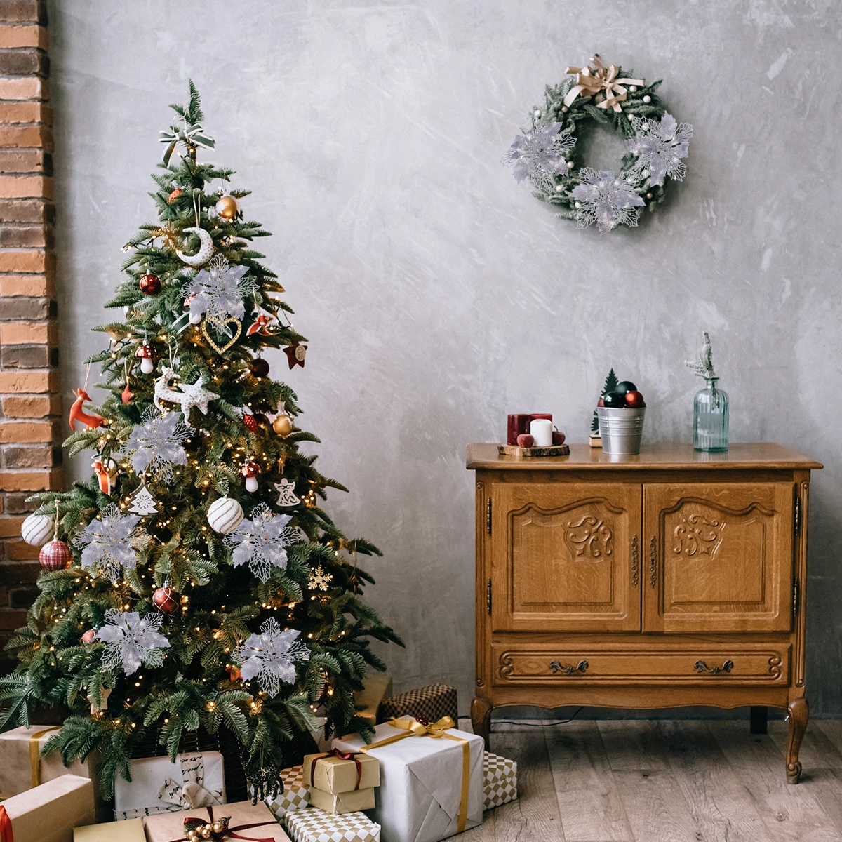 

12Pcs Silver Glitter Poinsettia Flowers Hollow Artificial Christmas Tree Hanging Ornaments Xmas Holiday Garland Decoration