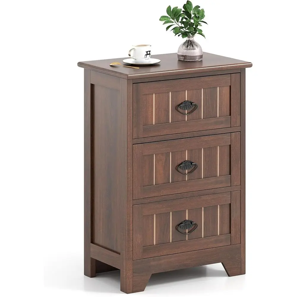 

Elegant 3-Drawer Nightstand, Graceful Metal-Handled Bedside Table, Anti-Tip Sofa Side Table in Walnut Finish for Bedroom and Stu