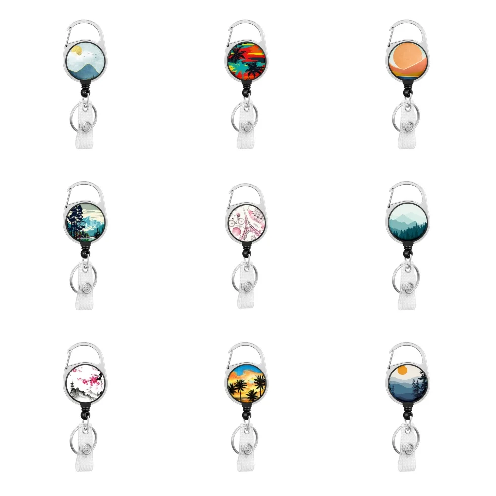 Hot selling circular landscapes pattern Easy disassemble Zinc alloy badge automatic scroll easy pull buckle keychain H1206