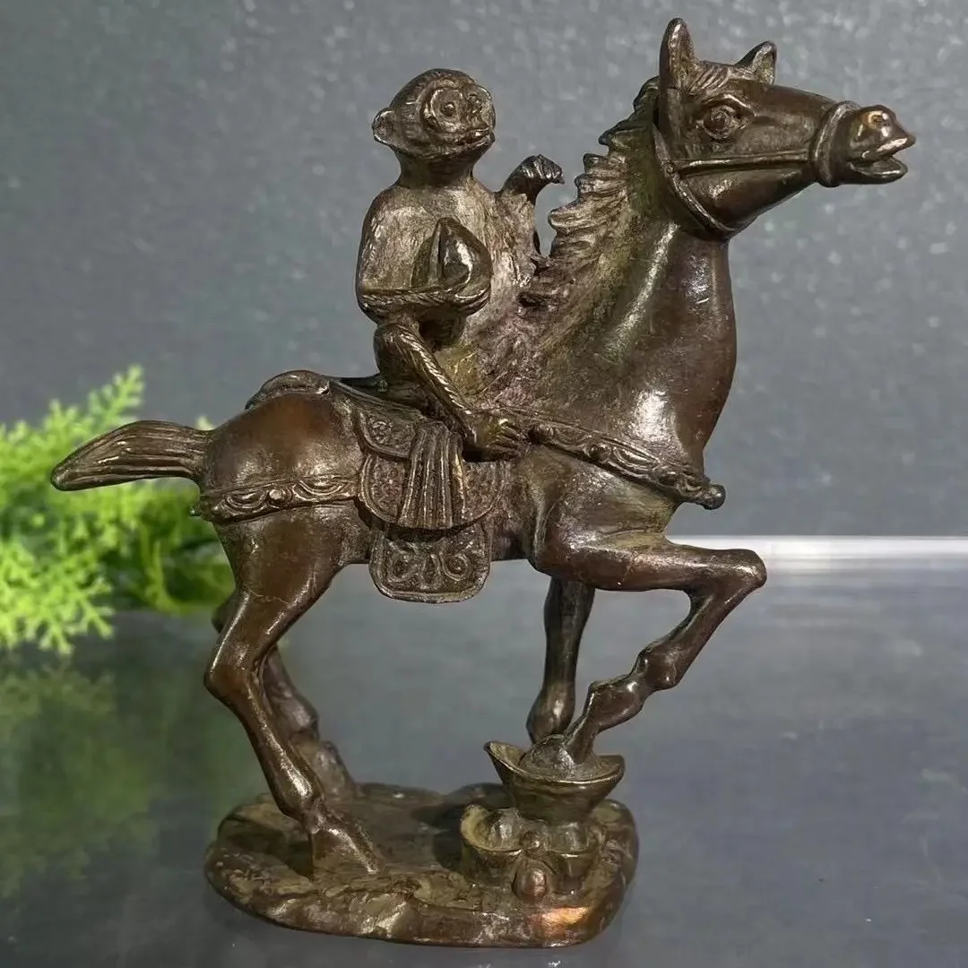 Antique Copper Monkey on Horse Statue - Lucky Desk Ornament, Retro Animal Figurine, Tea Pet Decor
