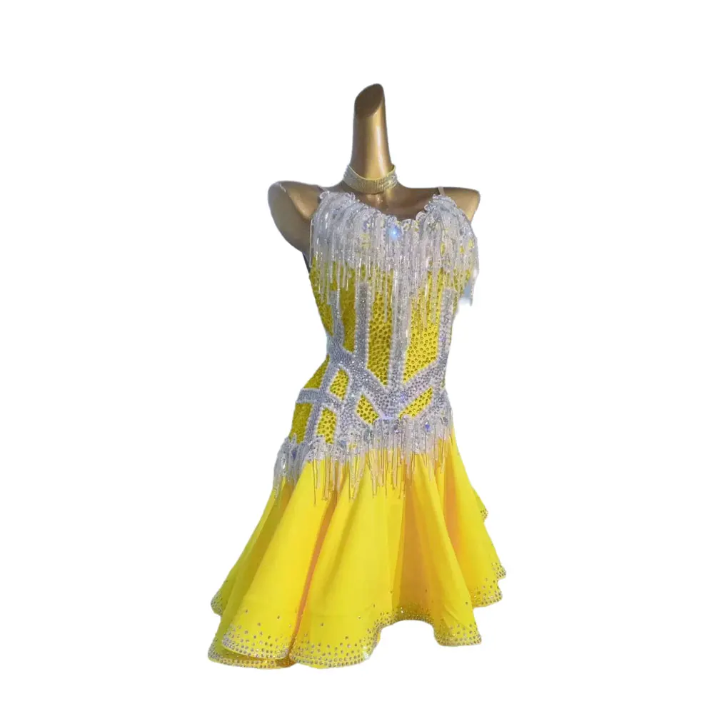 Latin Dance International Stage Women's High end Customized Super Flash Yellow Skirt Samba Diamond Performance Dress