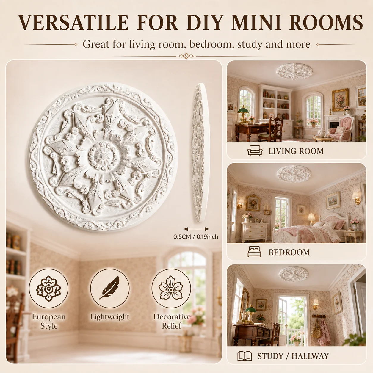 Miniature Circular Ceiling Flower Plate Model, Doll House Ceiling Decoration Accessory, Collection Item for Miniature Enthusiast