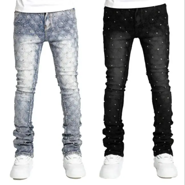 Pantalones vaqueros de pierna recta con personalidad a la moda para hombre, moda europea y americana, artículo popular de Instagram, mezclilla elástica con perlas