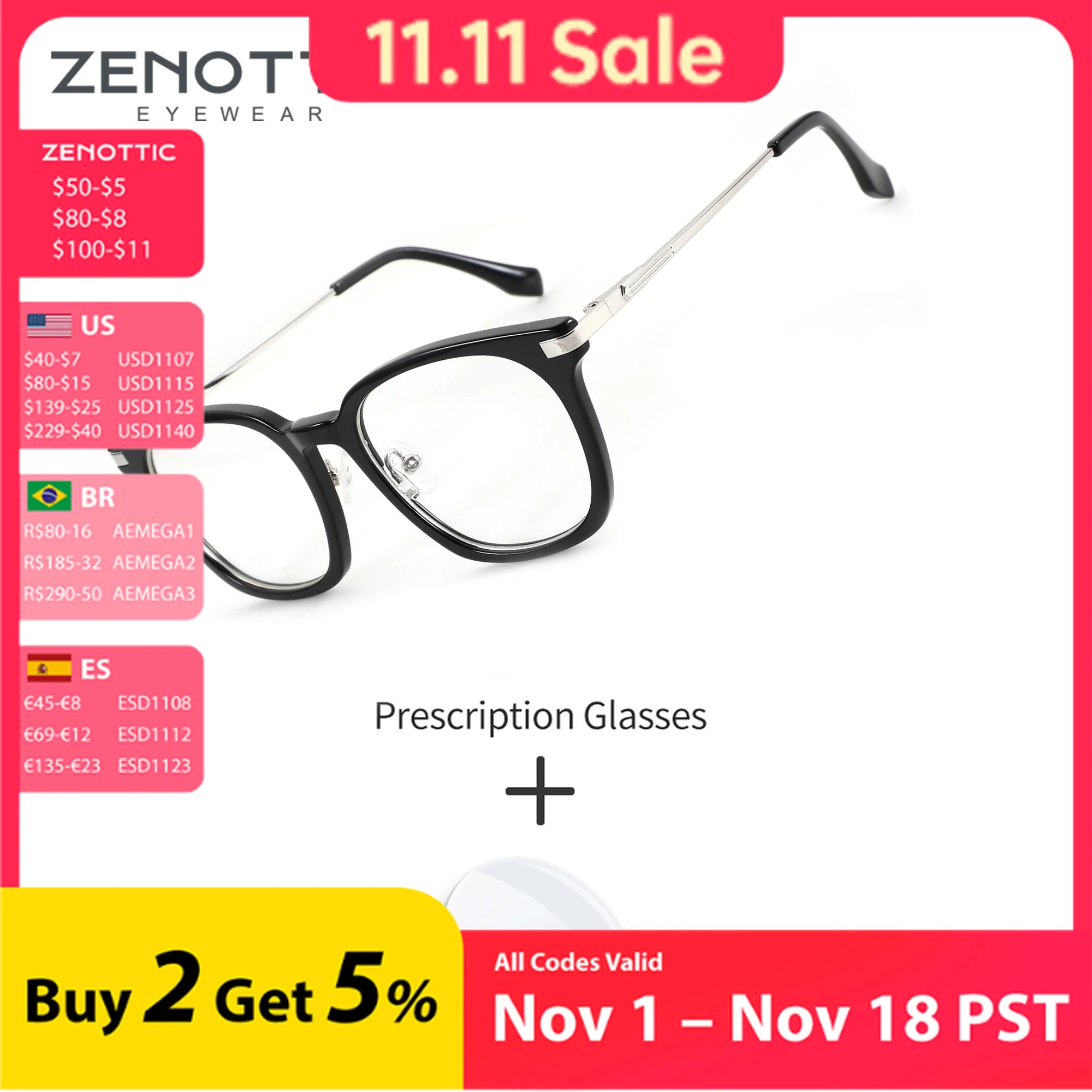 ZENOTTIC L Size Square Acetate For Gentleman Prescription Glasses Multifocal Progressive Blue Light Blocking Eyeglasses