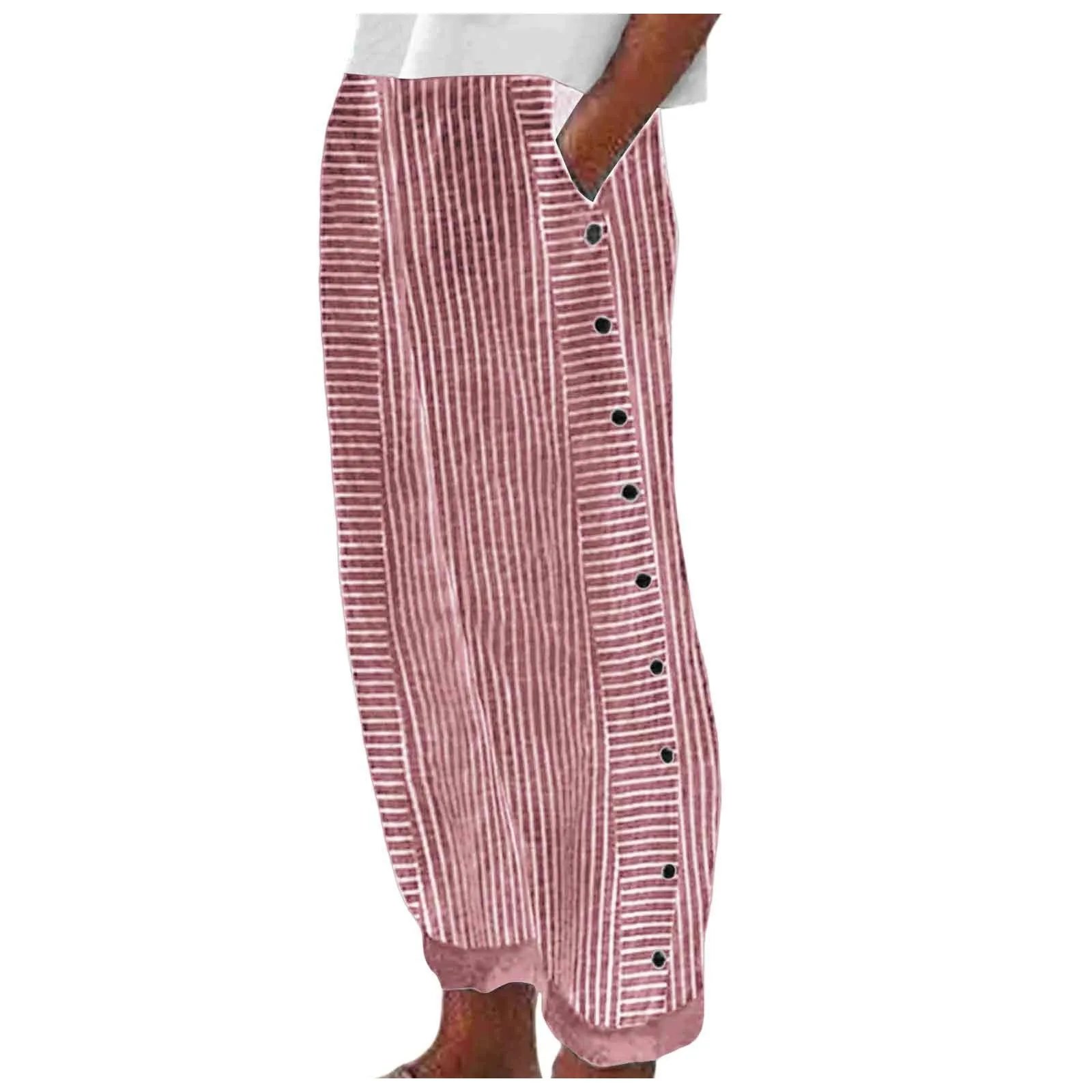 Women Nine Point Pants Autumn Fashion Striped Print Ladies Trousers Button Thin Casual Streetwear Popular Versatile Slacks