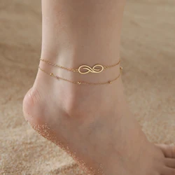 Skyrim Bohemia Infinity Ankle Bracelet Gold Color Stainless Steel Double Layer Beads Chain Anklet Beach Foot Jewelry for Women