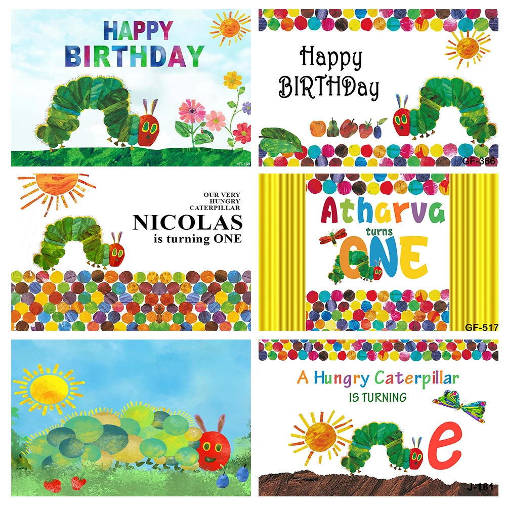 

Our Very Hungry Caterpillar NAME Is Turning One Backdrop for Photo Studio Sun Children Newborn Birthday Party Backgrounds Vinyl