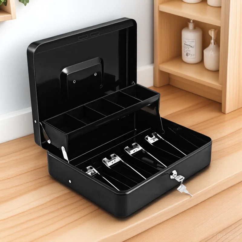 

1 set 1 Set Metal Box With Money Tray Lockable Cash Register Drawer Small Business Cash Storage Organizer Iron Cashier Safe Box