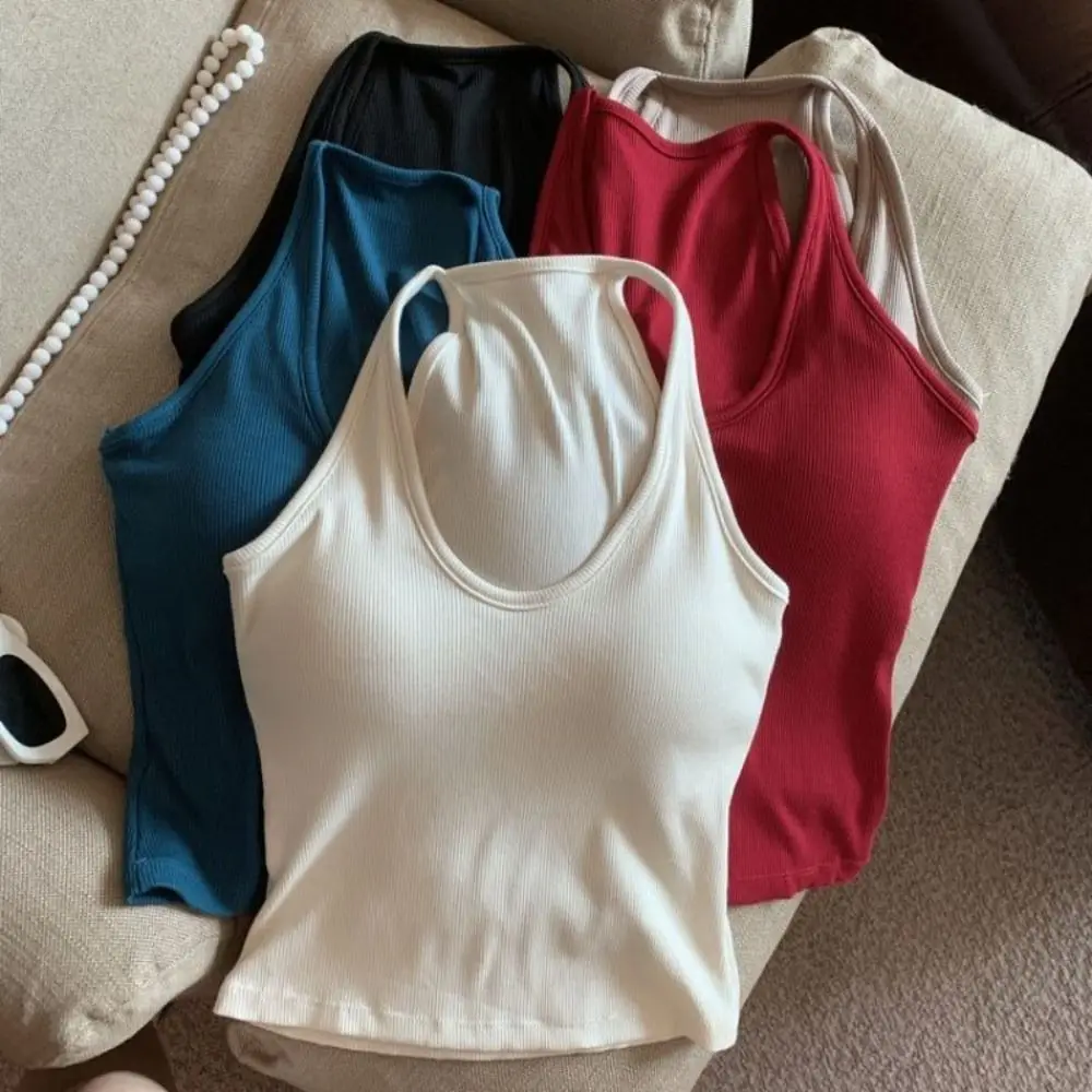 الكورية Chinlon النساء الحمالات سترة U الرقبة الحمالات عادية قصيرة بروتيل قميص قاع القمصان سليم المحاصيل الأعلى الشاطئ #2