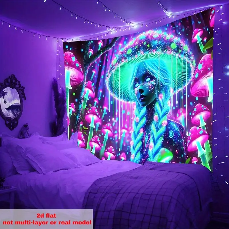 VIKAMA Fantasy Forest Neon psychedelic Mushroom Braided Girl Tapestry Atmosphere Wall Hanging Bedroom Esports Room Home Decor